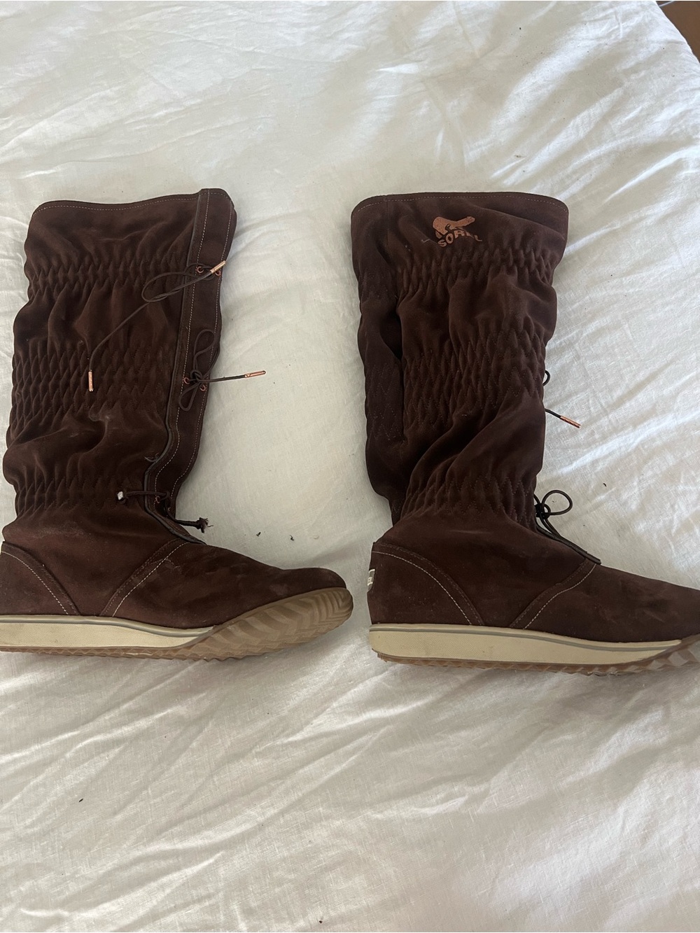 Sorel Brown Suede Tall Women’s Boots with Ruched Shaft